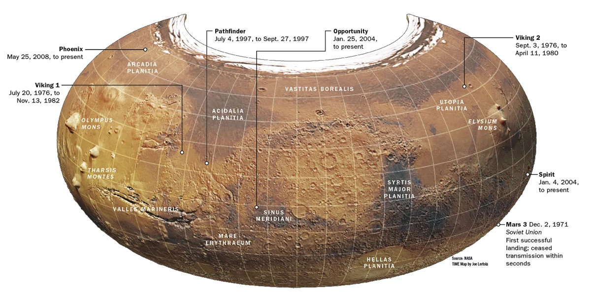 It's best I start this post off with a map of Mars, as we'll be covering many areas in its northern hemisphere. Credit: This map of Mars appeared in the Oct. 27, 2008 issue of Time Magazine.