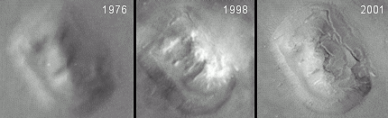 Side-by-side comparison of the "Martian face" from 1976 through 2001. The "face" of course, is nothing more than a mesa.