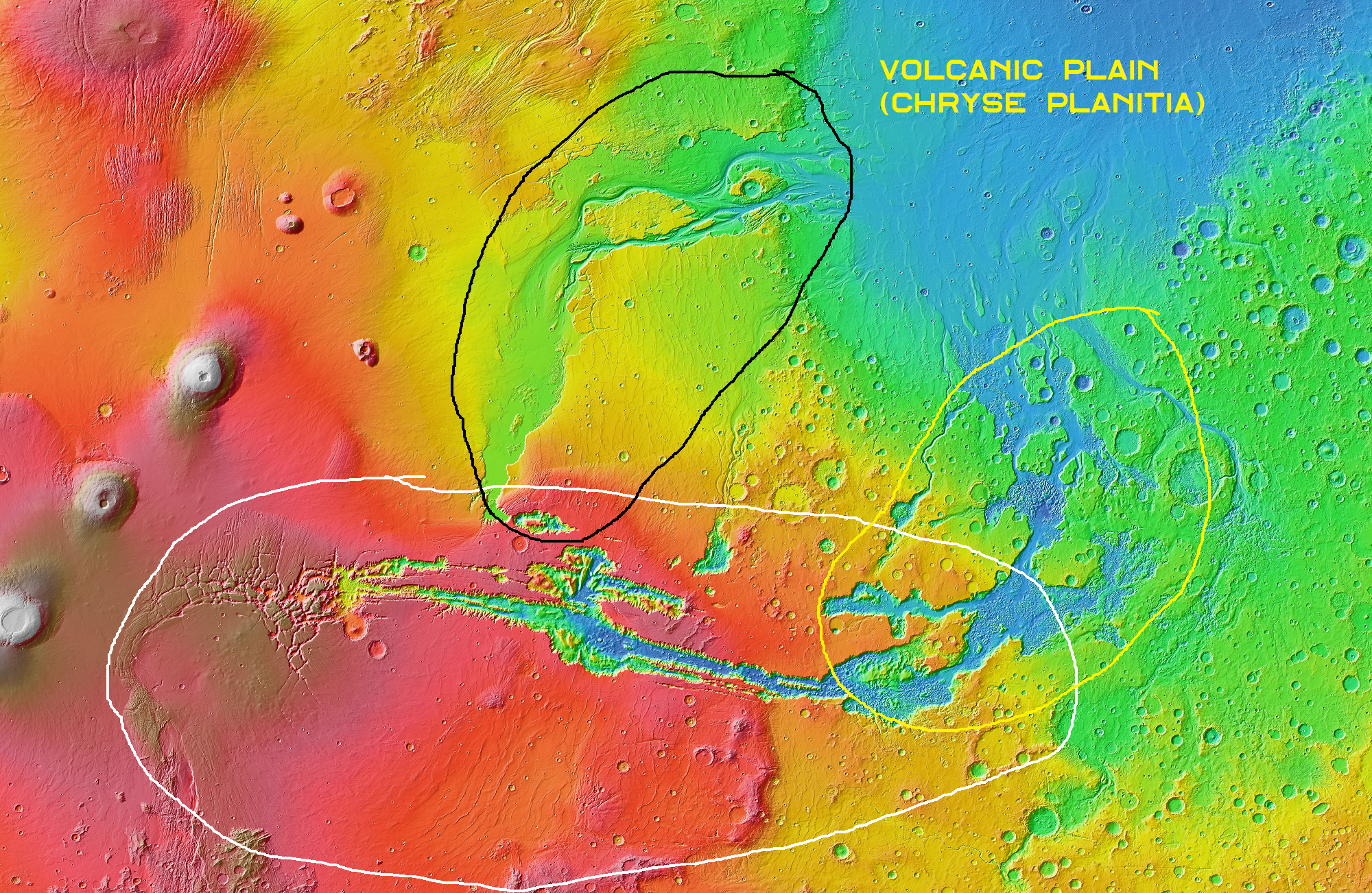 The stress rifts of Valles Marineris are circled in white, the outflow channels from the right end of these rifts are circled in yellow and flow out onto the volcanic plains of Chryse Planitia, along with the outflow channels of Kasei Valles (circled in black).