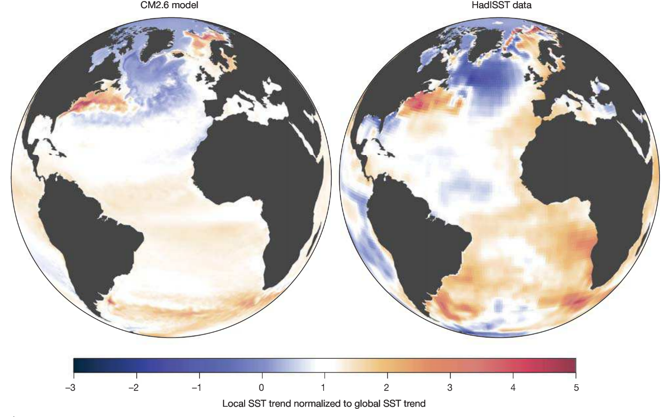 Fig. 4 The right image shows observed sea surface temperature anomalies. Reds indicate temperatures above the global mean surface water temperature, and blues indicate temperatures below the mean. Note the extreme warming along the U.S. east coast, and cold patch in the North Atlantic sub-polar gyre region. The image on the left was generated from a high-resolution climate computer model based off increasing atmospheric carbon dioxide (Caesar et al., 2018).
