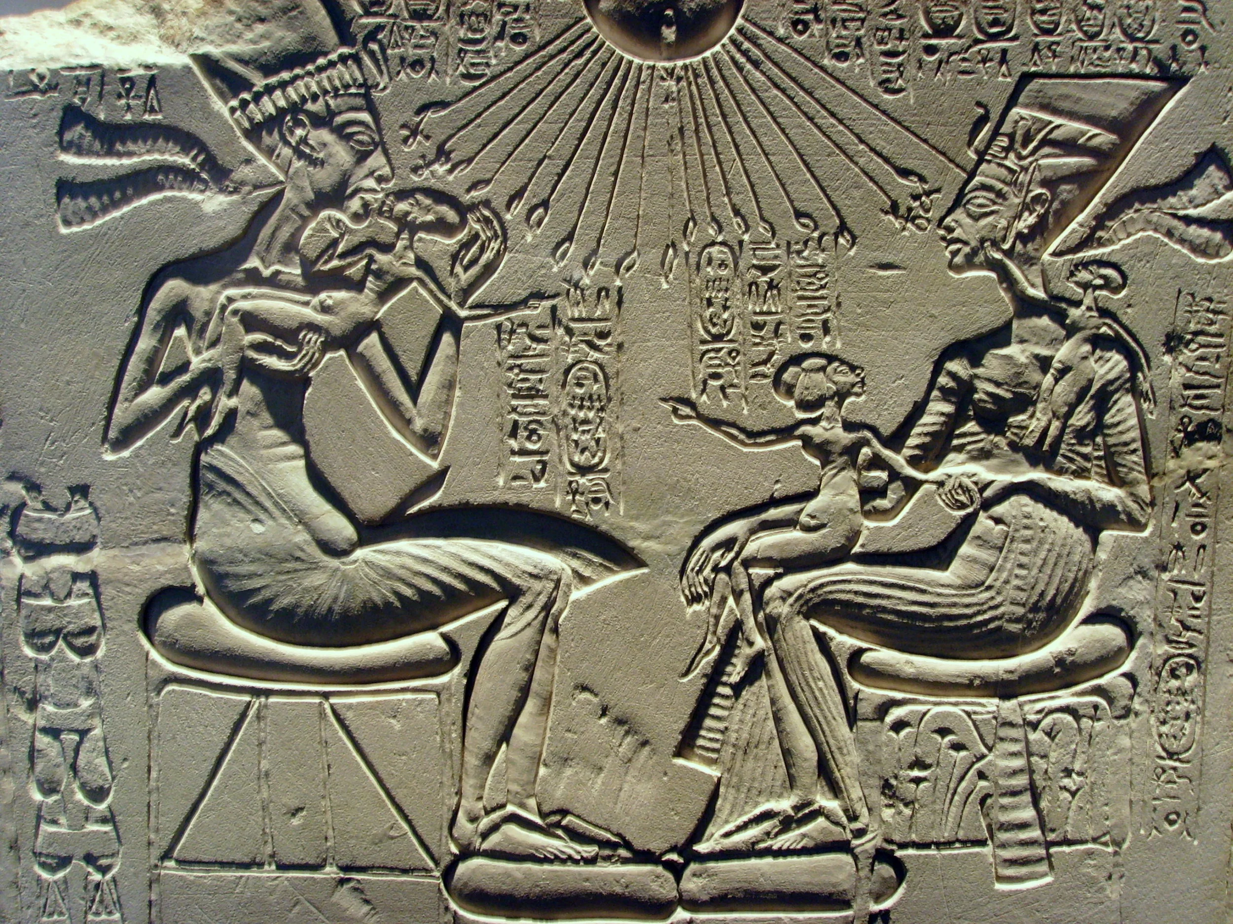 Akhenaten and Nefertiti with three of their daughters. Fluid depictions like this were unprecedented in Egyptian history.