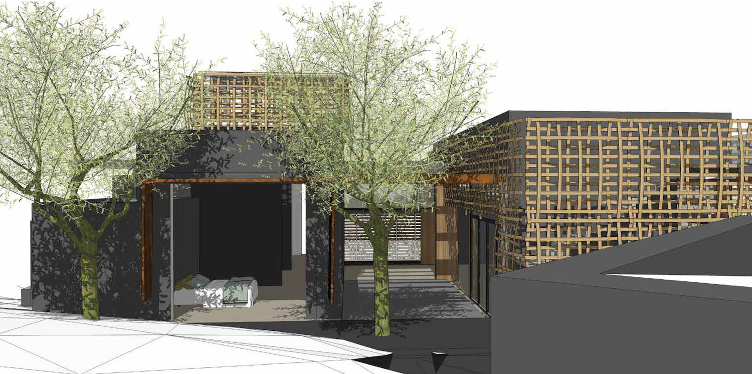 3D view of guest bedroom and courtyard