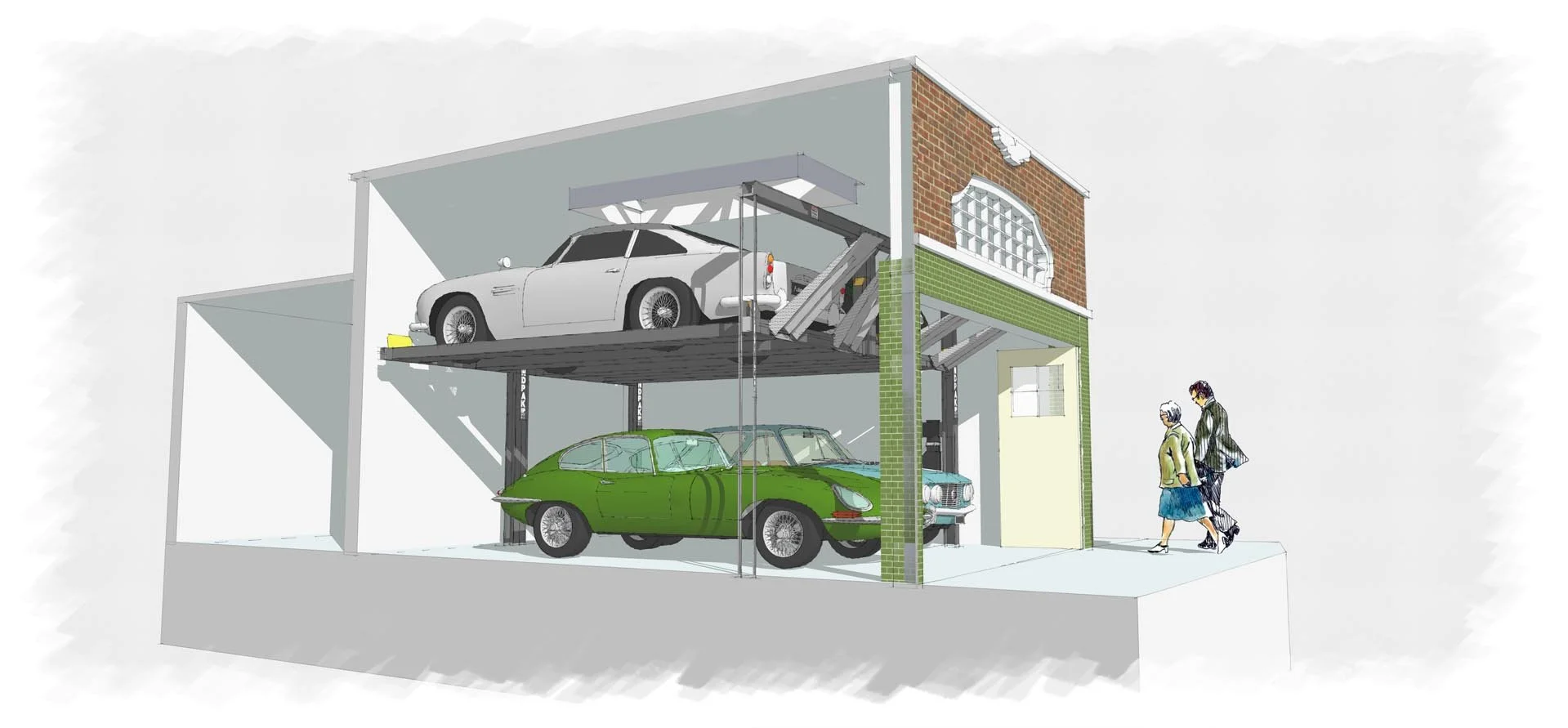 Section showing car stacker system