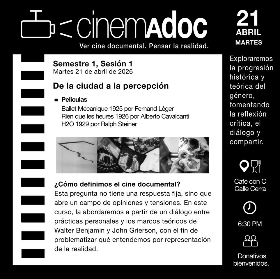 &iexcl;Primera sesi&oacute;n de CinemAdoc! 🎞 👀

El pr&oacute;ximo martes, 21 de abril, celebramos la primera sesi&oacute;n de #CinemAdoc, con una programaci&oacute;n de documentales que revisite el desarrollo del g&eacute;nero. Mediante la selecci&