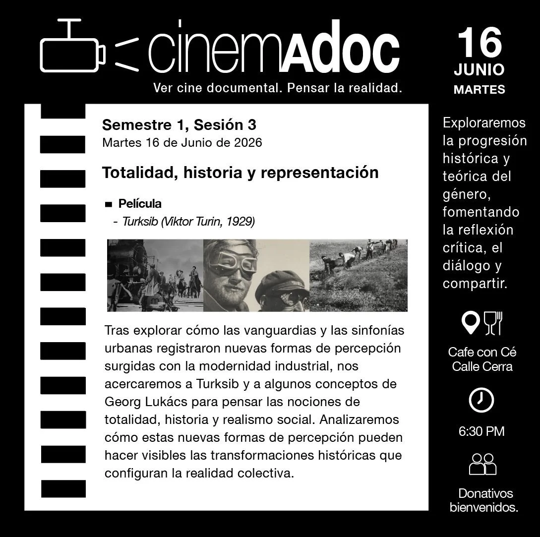 📣 &iexcl;Nuestro pr&oacute;ximo encuentro #CinemADOC es el martes 16 de junio! 

En este pr&oacute;ximo encuentro, junto al cineasta Ryan P&eacute;rez Hicks, nos acercaremos a Turksib y algunos conceptos de Georg Luk&aacute;cs para pensar las nocion