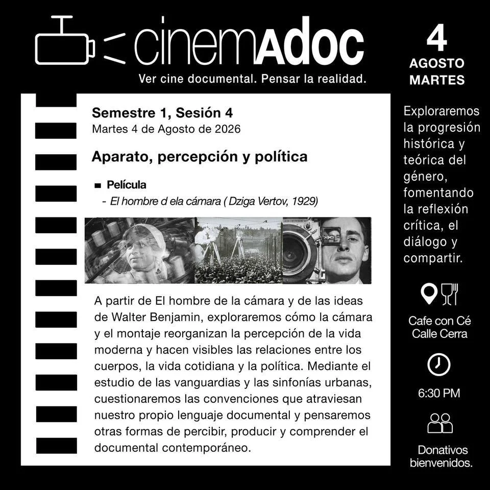 &iexcl;Llegamos a nuestra &uacute;ltima sesi&oacute;n! 📖 🎞

El martes 4 de agosto de 2026 nos encontraremos en Caf&eacute; con C&eacute;, en la calle Cerra, para la &uacute;ltima sesi&oacute;n del primer semestre de CinemAdoc. 

En esta sesi&oacute