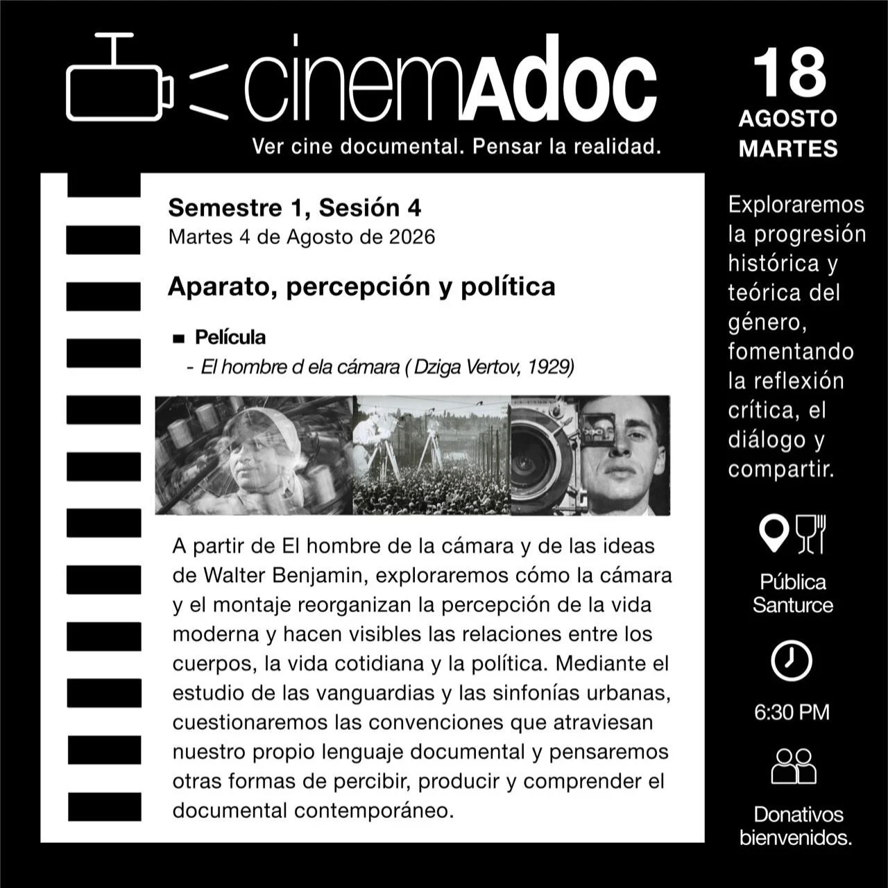 &iexcl;Ma&ntilde;ana es nuestro proximo CinemAdoc! 🎬📖 Hemos cambiado de lugar: llegamos a @publicaespacio en Santurce. Desde las 6:30 pm, acompa&ntilde;anos en esta sesi&oacute;n #4. 

En esta sesi&oacute;n estudiaremos El hombre de la c&aacute;mar