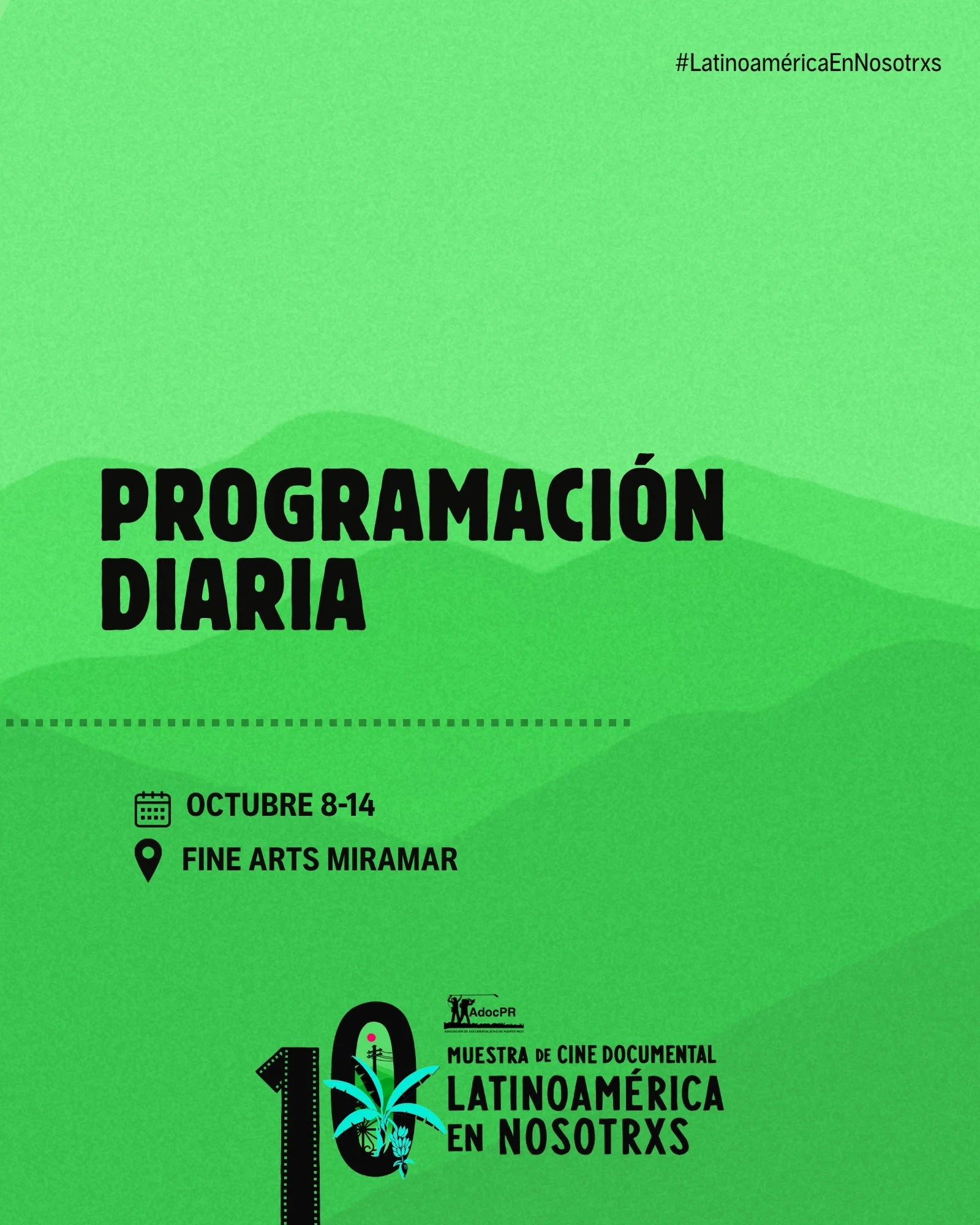 🎬 &iexcl;Ya est&aacute; aqu&iacute; la programaci&oacute;n de la 10.&ordf; Muestra! 

Del 8 al 14 de octubre, nos encontramos en Fine Arts de Miramar para celebrar siete d&iacute;as de cine documental puertorrique&ntilde;o y latinoamericano. En este
