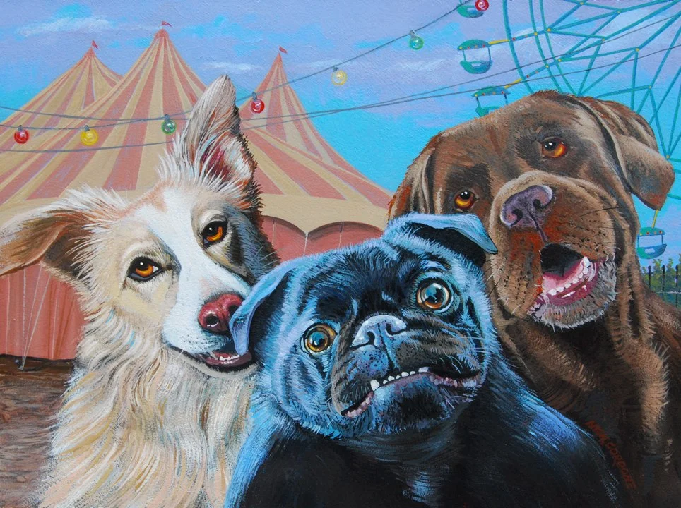 Three buddies checking out the roller coaster. 20"x24" Acrylic
