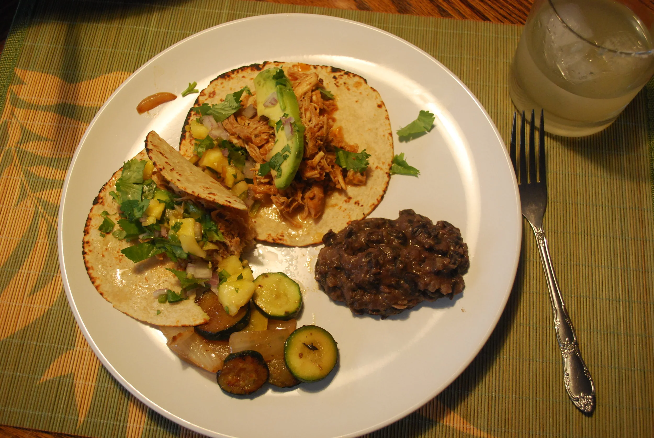 Mexican Sides - Zucchini and Onions, Refried Beans, Pineapple Salsa