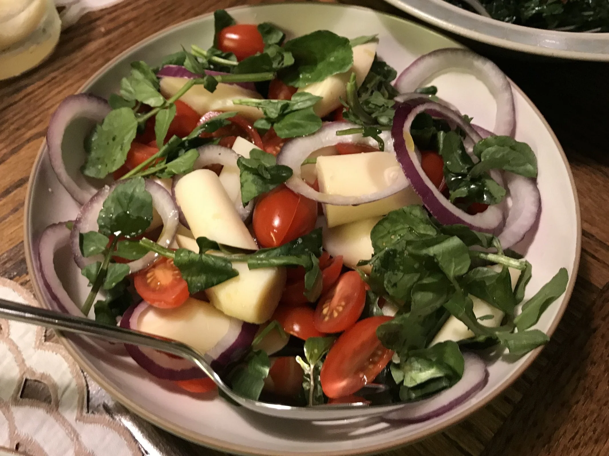 Brazilian side dishes: Hearts of Palm Salad, Deep-Fried Polenta, and Shredded Greens