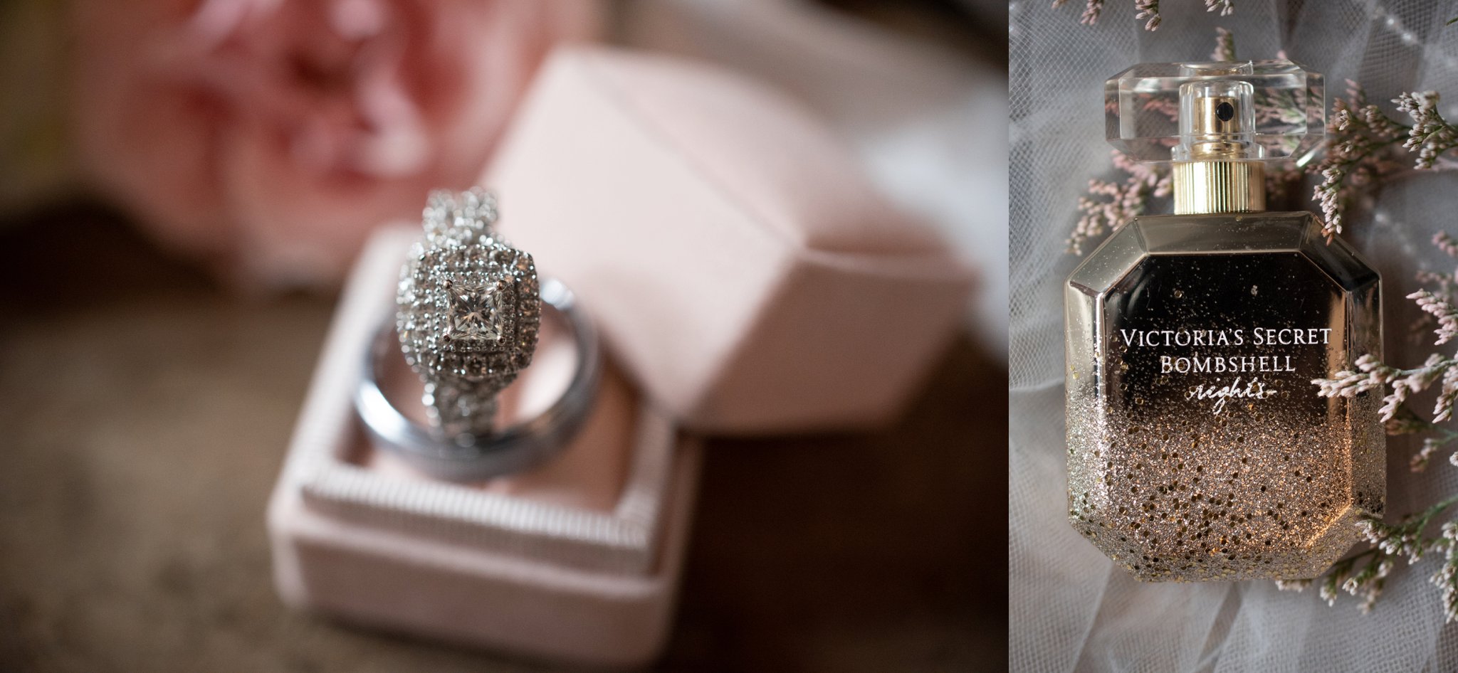 blush and champagne wedding box with white gold wedding ring set