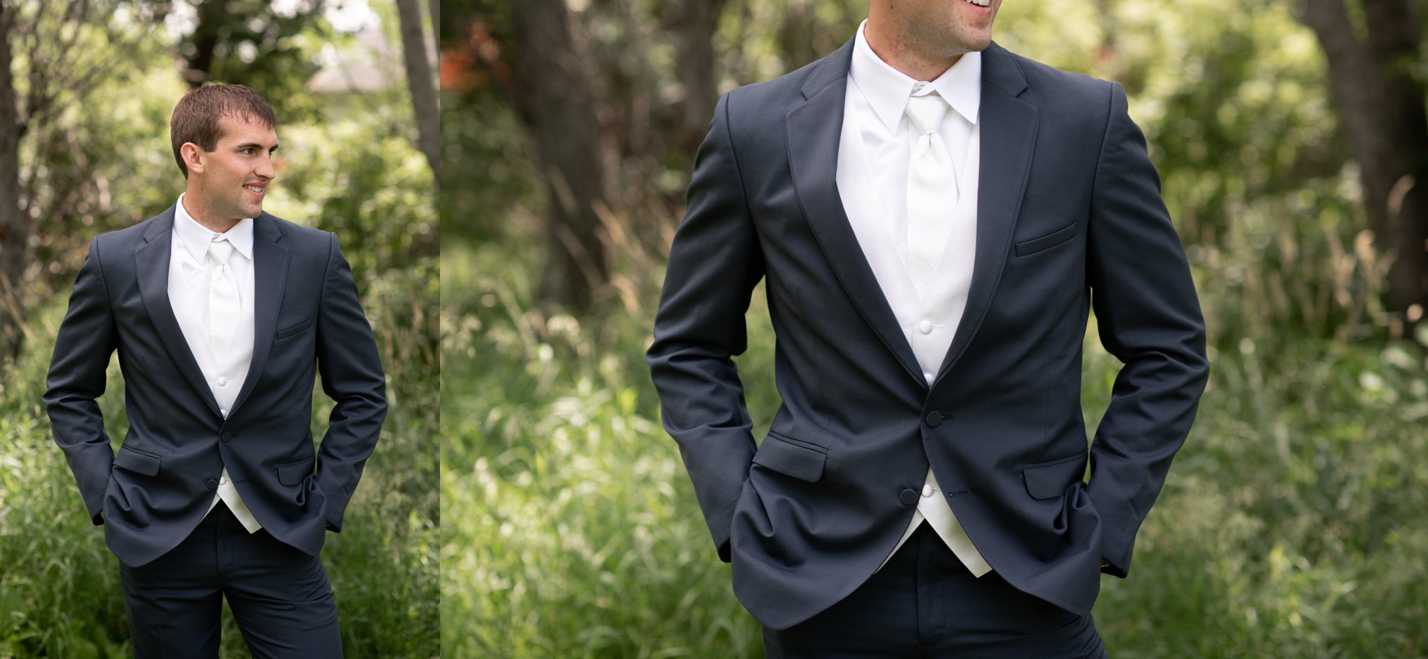 slate three piece suit with ivory tie and vest
