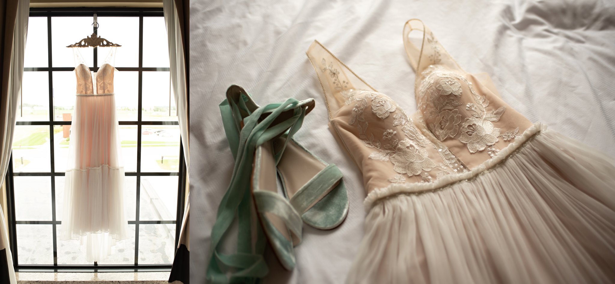 wedding dress and shoes laid flat