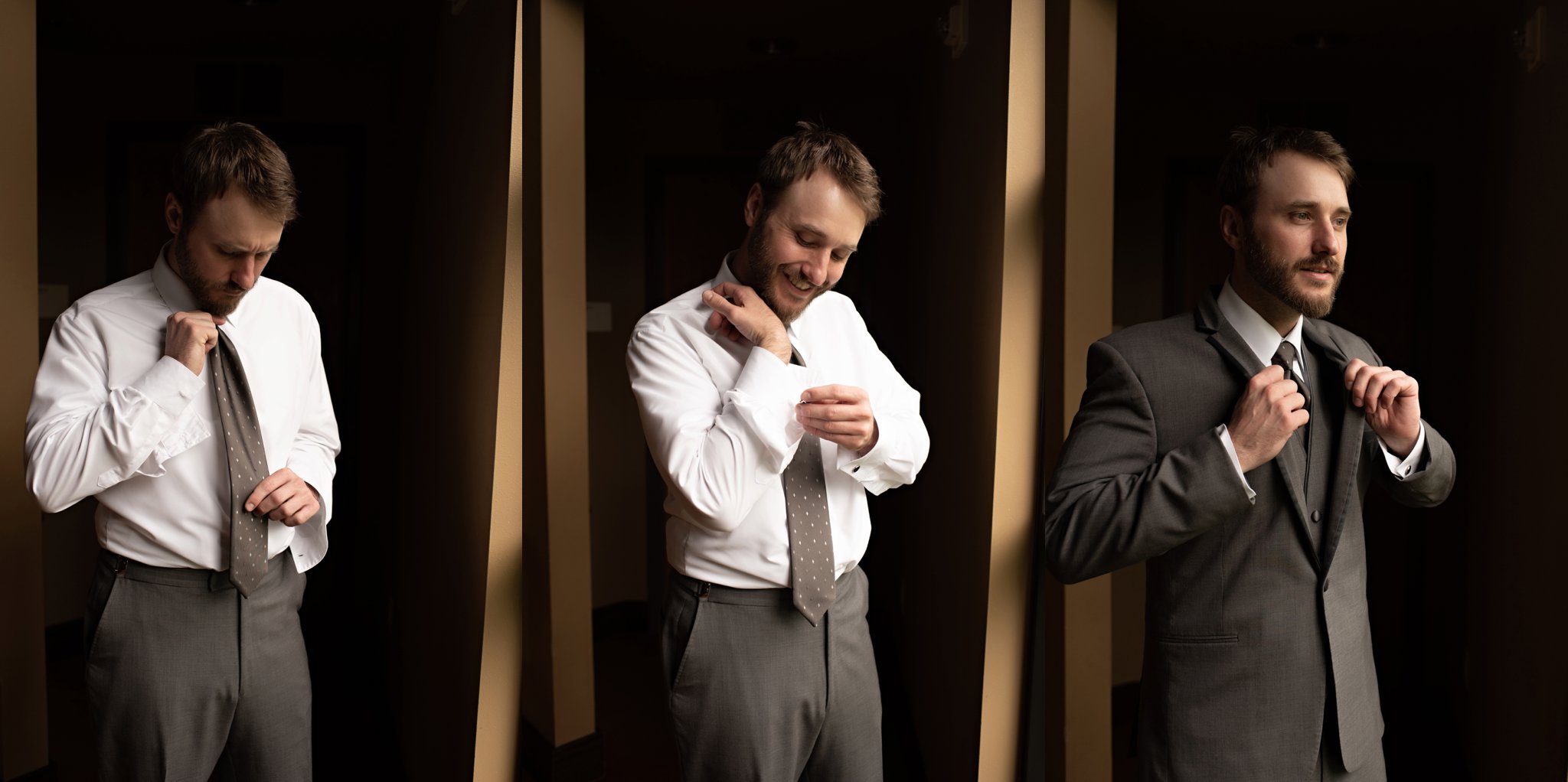 groom gets dressed at the church
