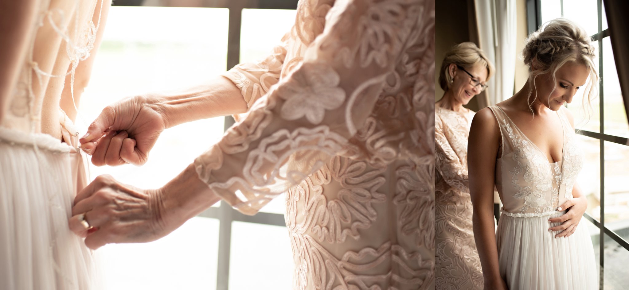 Mom helps bride into dress
