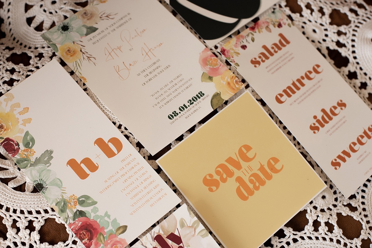 modern 70s theme wedding stationery