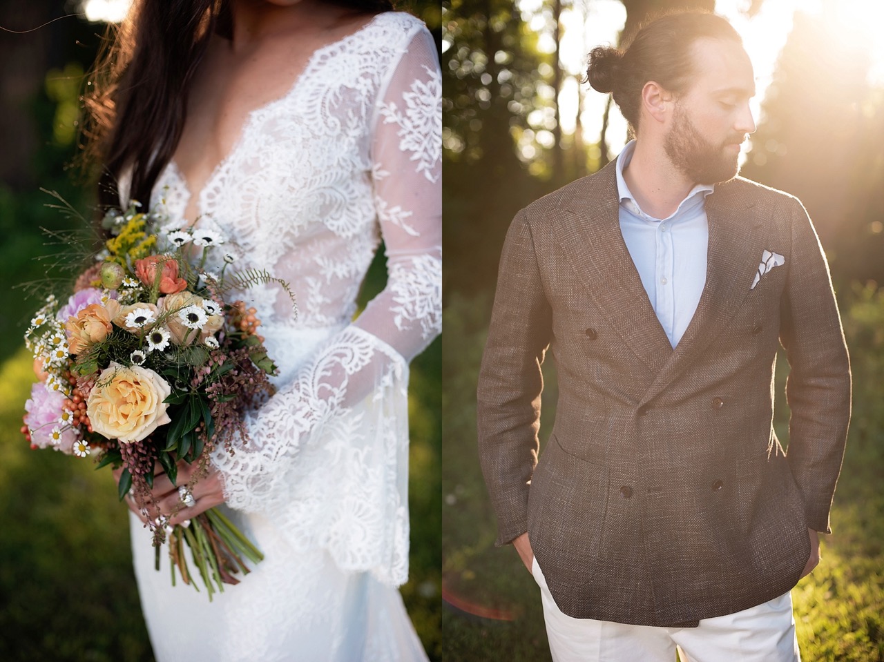 bell sleeved lace dress with brown tweed suit