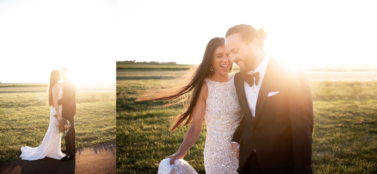 modern 70s disco inspired wedding dress with bow tie tux