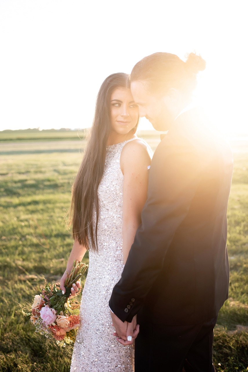 disco inspired wedding dress and formal tuxedo