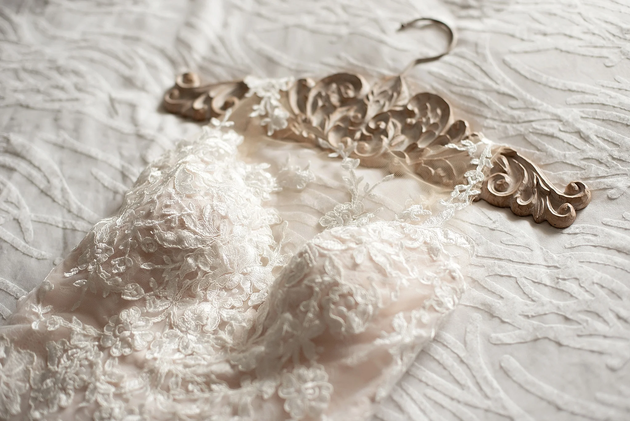 blush lace wedding dress on ornate hangar