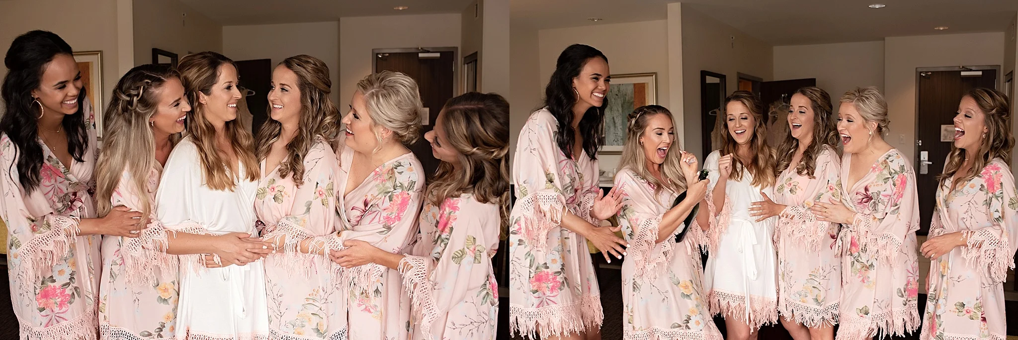 bridesmaids in pink robes with bride popping champagne