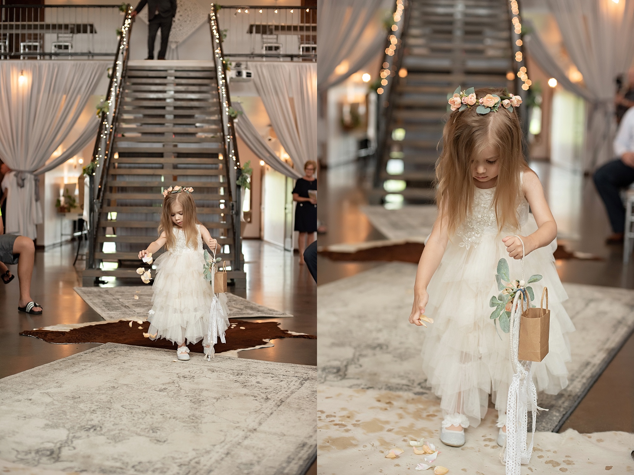 flower girl walks along vintage rugs down the aisle