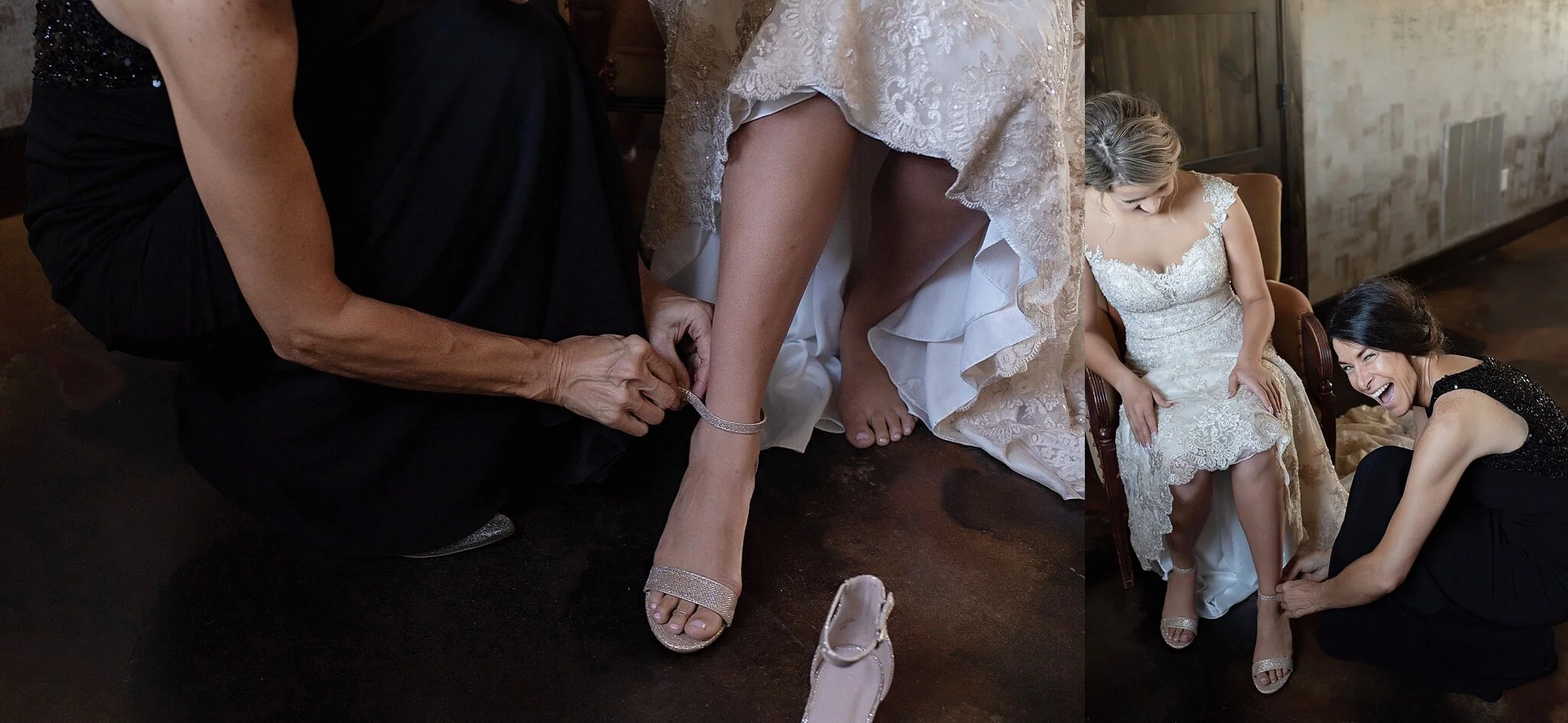 bride wears sparkle shoes mom puts on her shoes