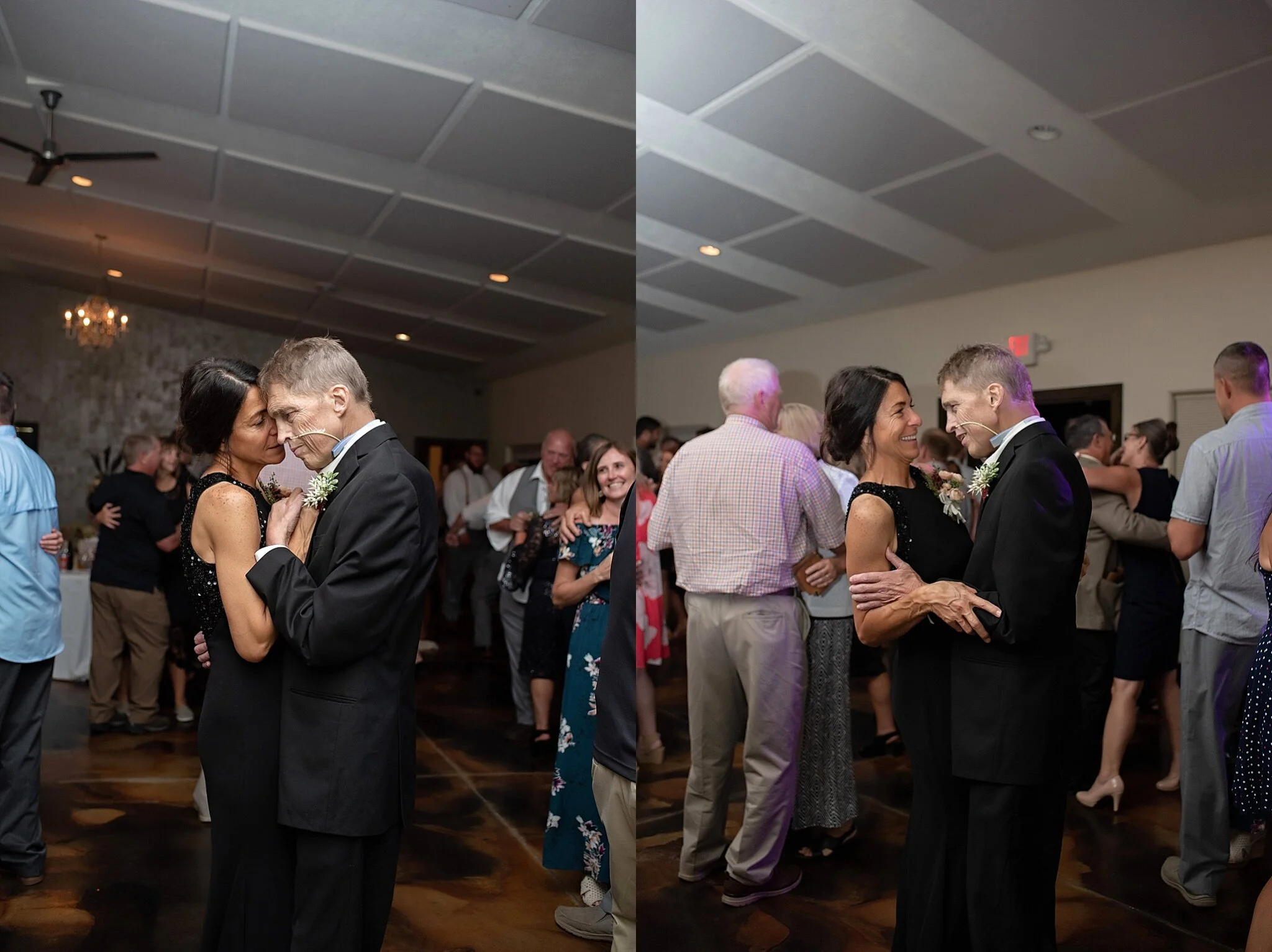 cancer patient father dances with his wife at their daughters wedding