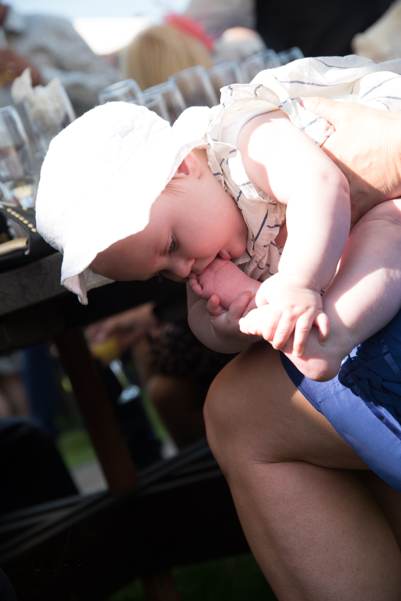 A baby wedding guest chews on her toes