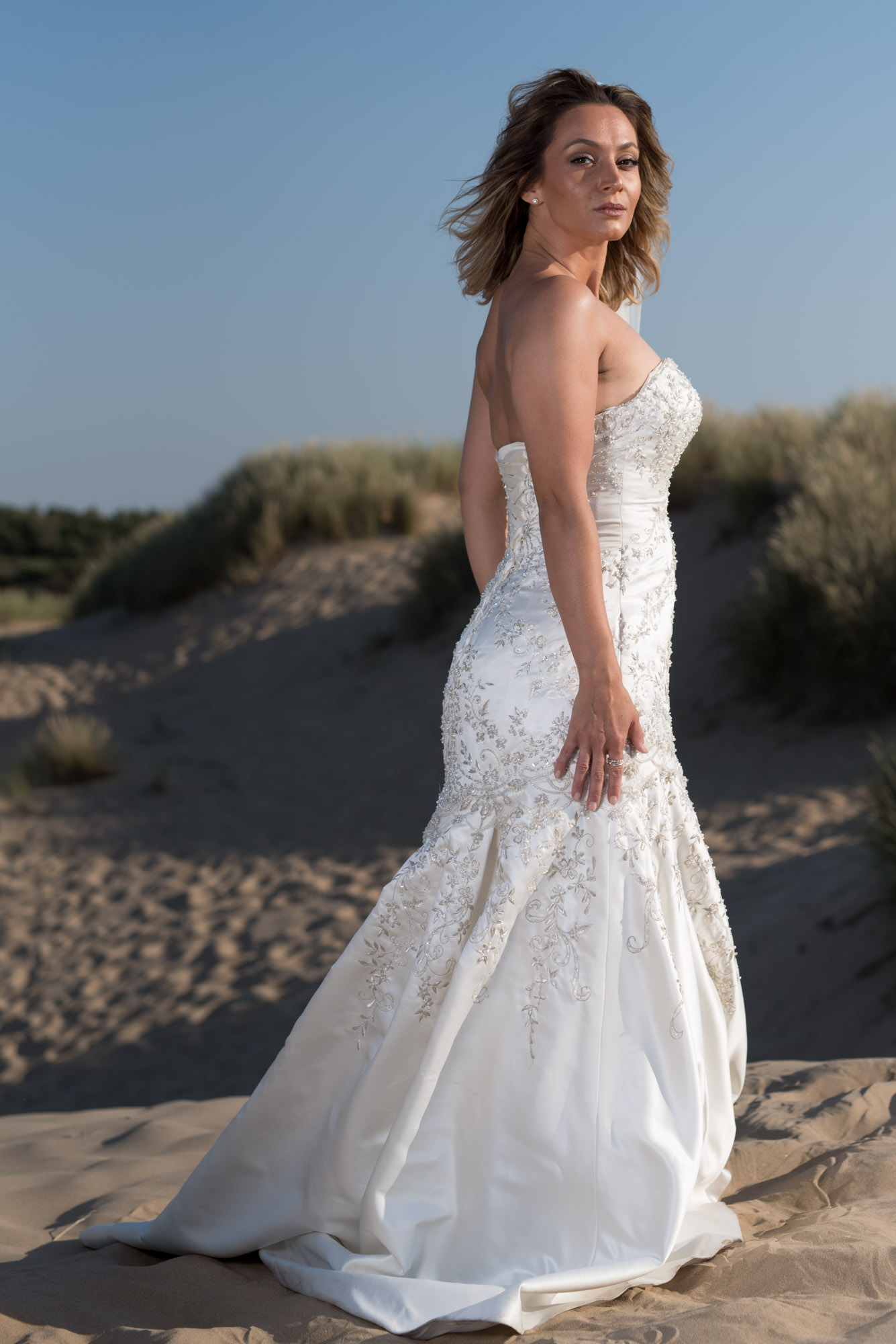 Bride looking over shoulder