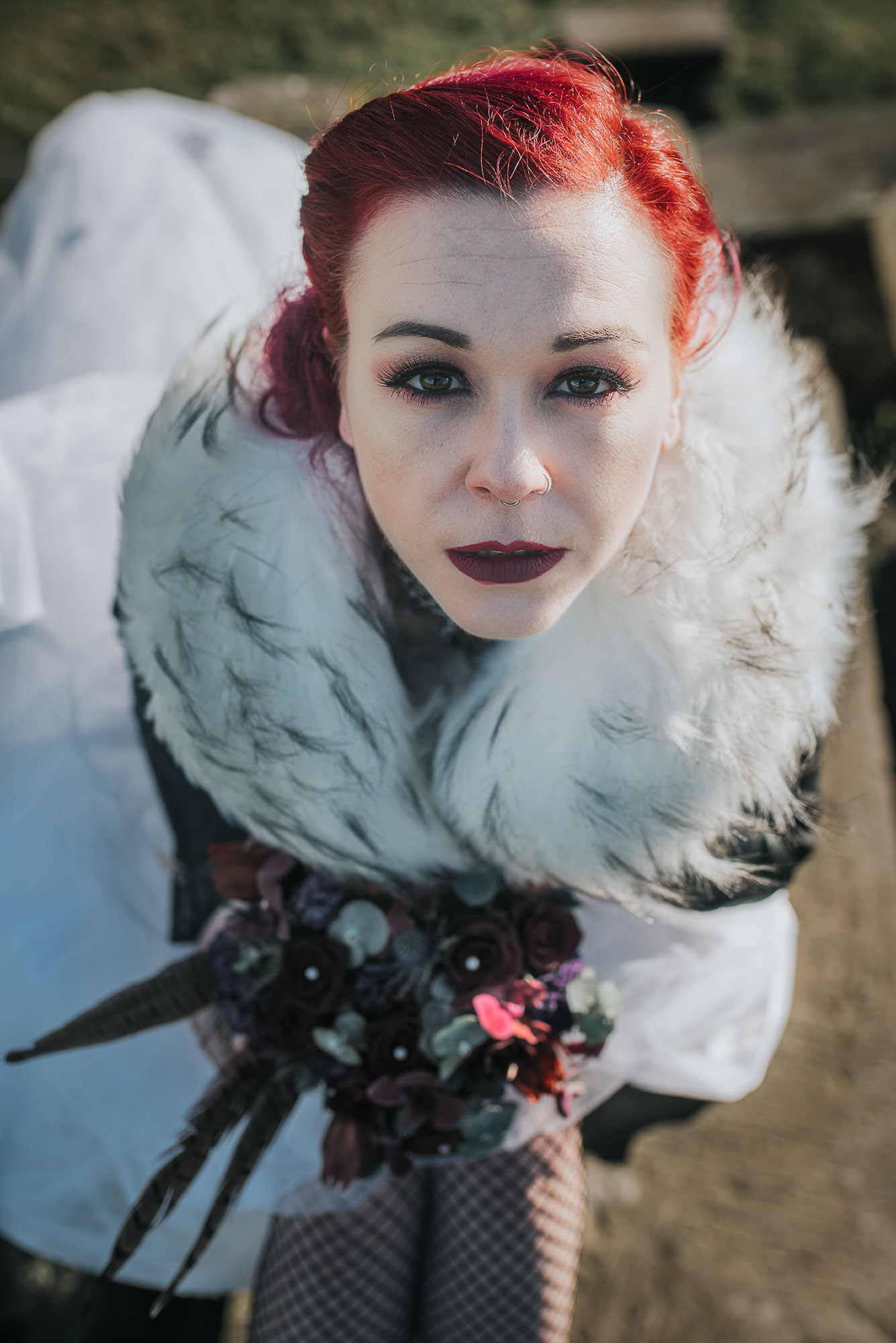 Looking down on Bride and bouquet