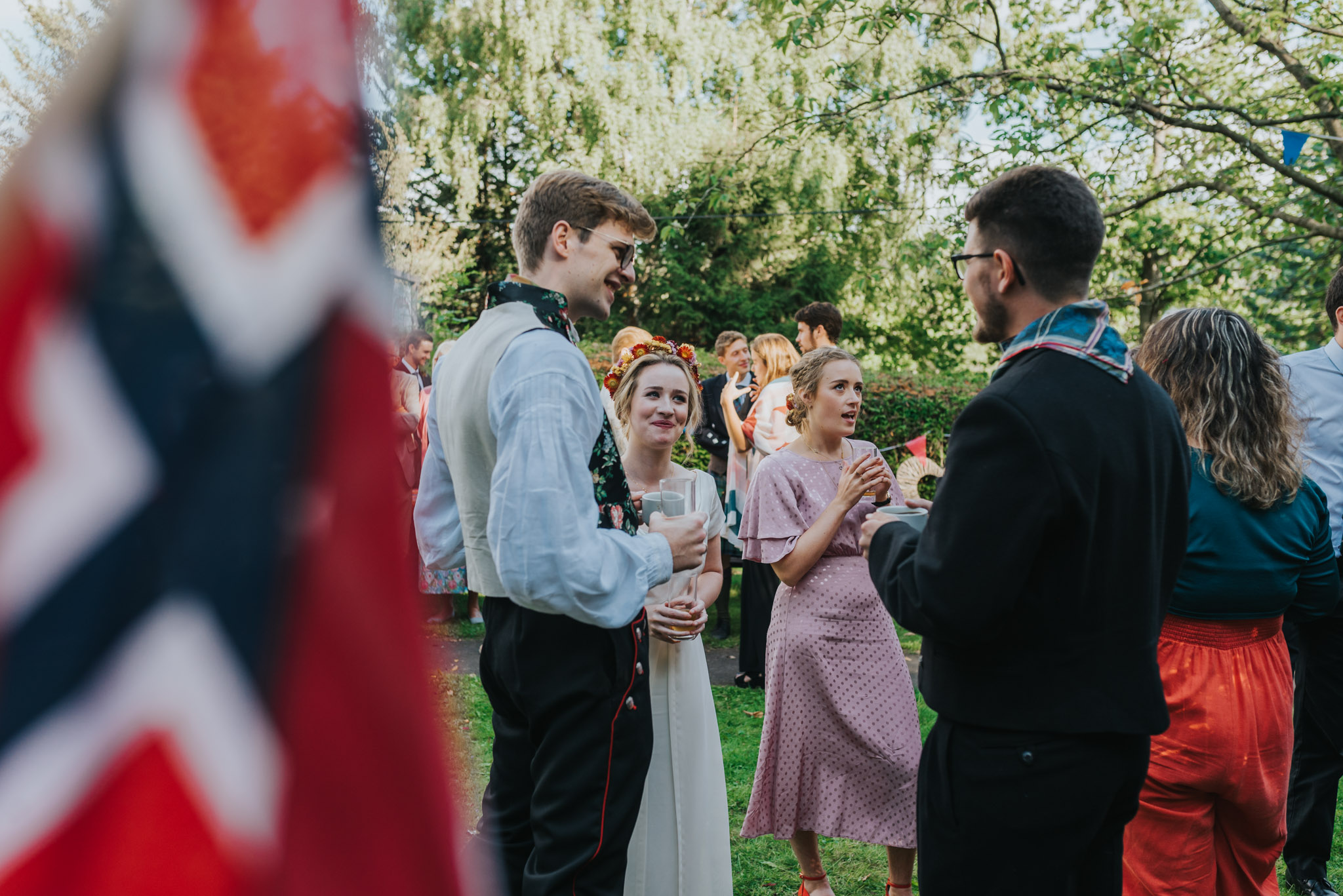 Norwegian flag and bride and groom