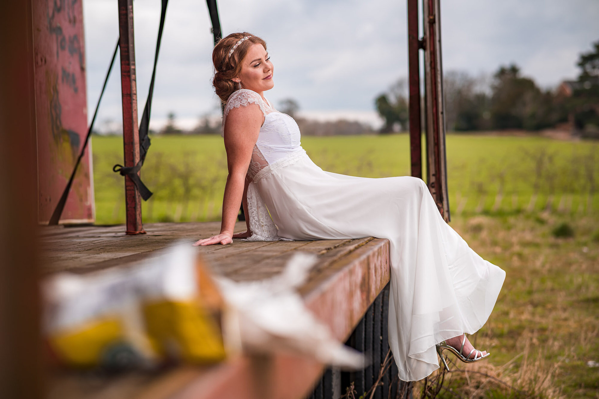 Bride sitting on a trailer