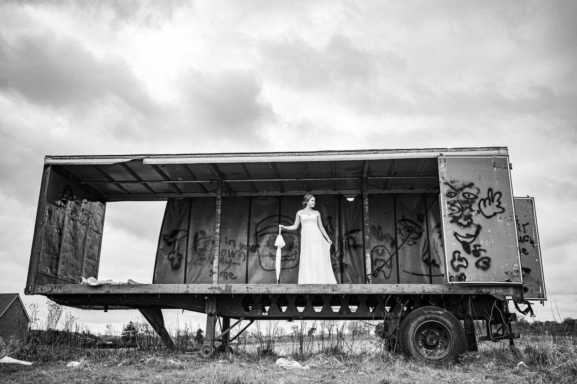 Bride standing on a trailer