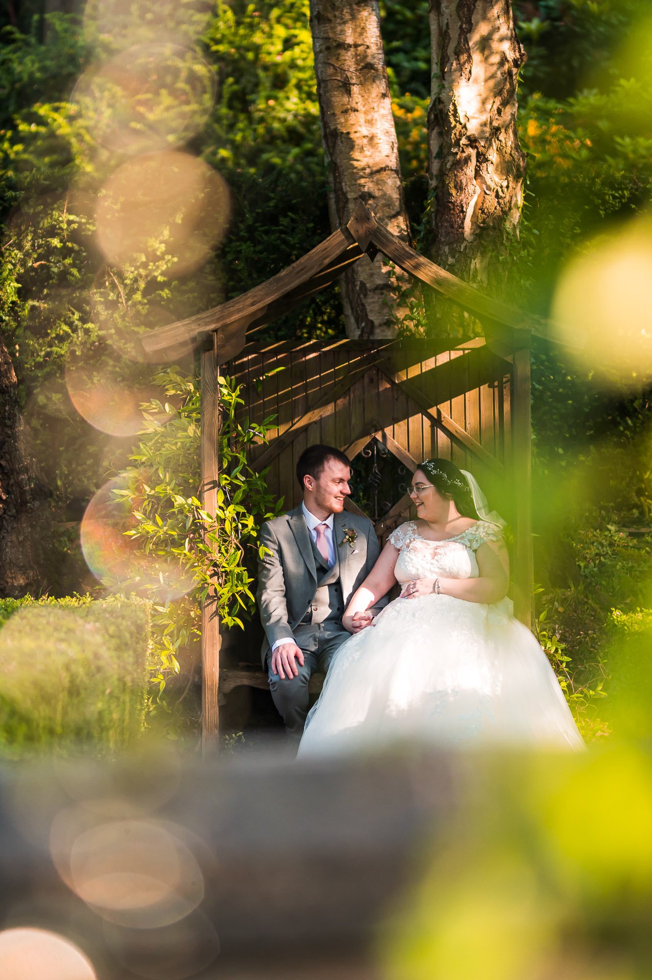 Bride and groom sitting