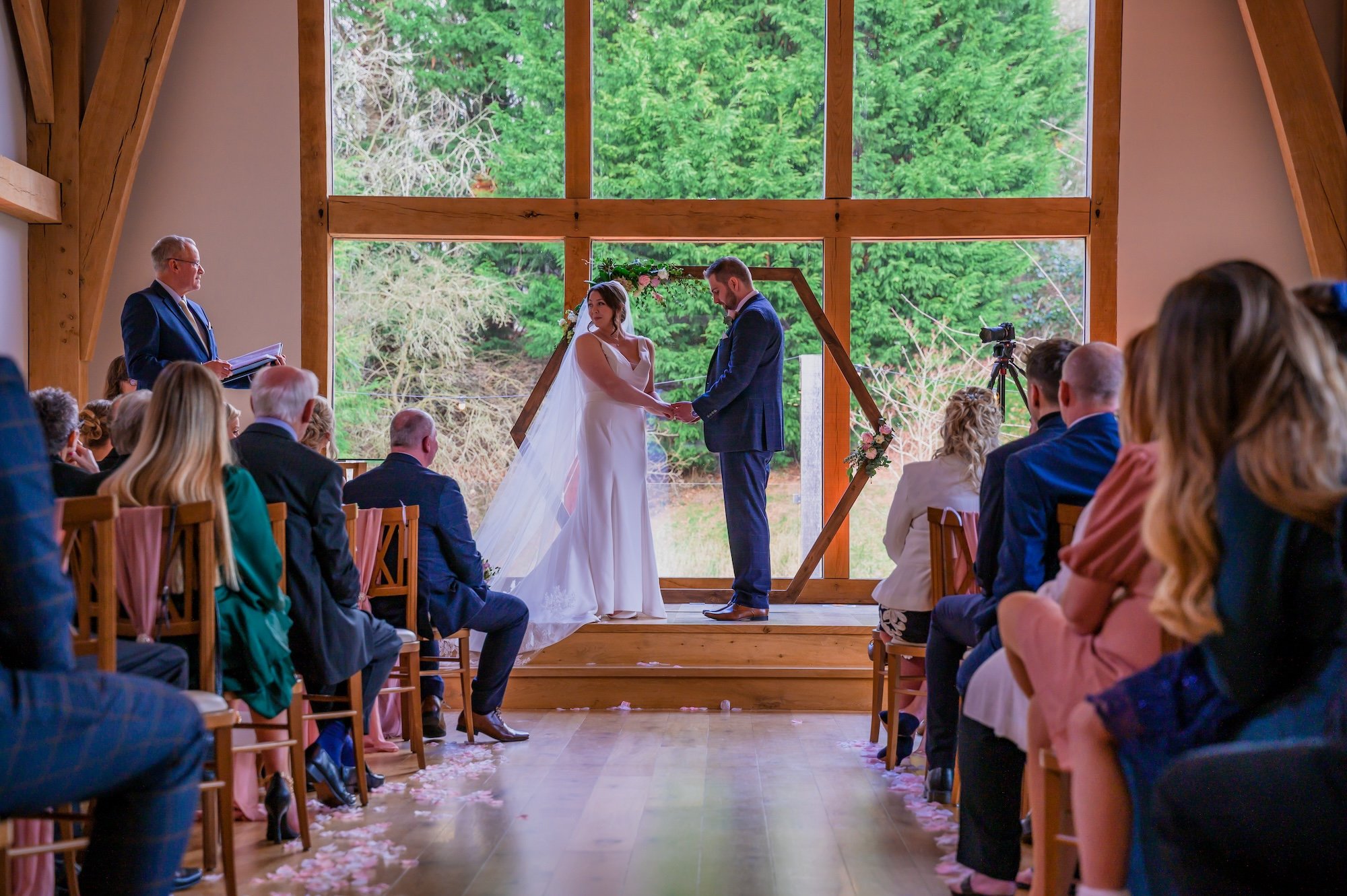 Wide shot of Catherine and Sam at The Mill Barns Wedding Venue