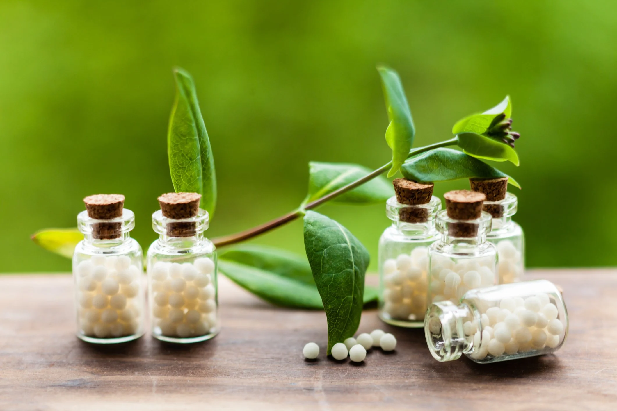 Small glass bottles with cork stoppers containing white homeopathic pellets arranged on a wooden surface with fresh green leaves in the background.