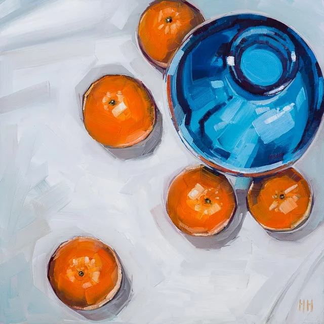 SOLD - 'Four oranges, blue vase on white'