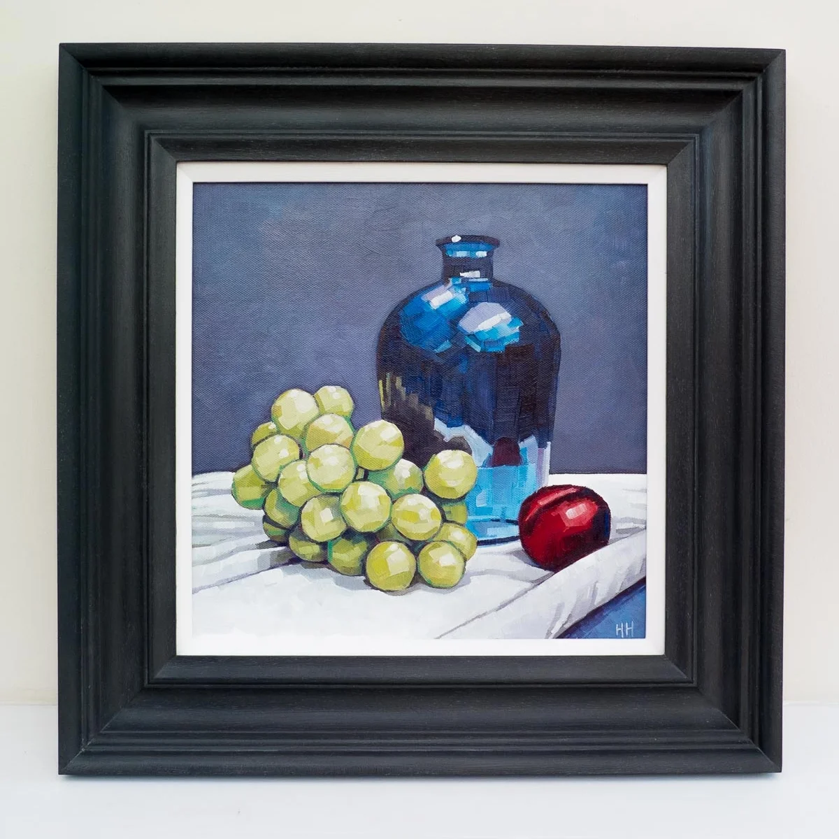 SOLD - 'Grapes, blue vase and a plum'