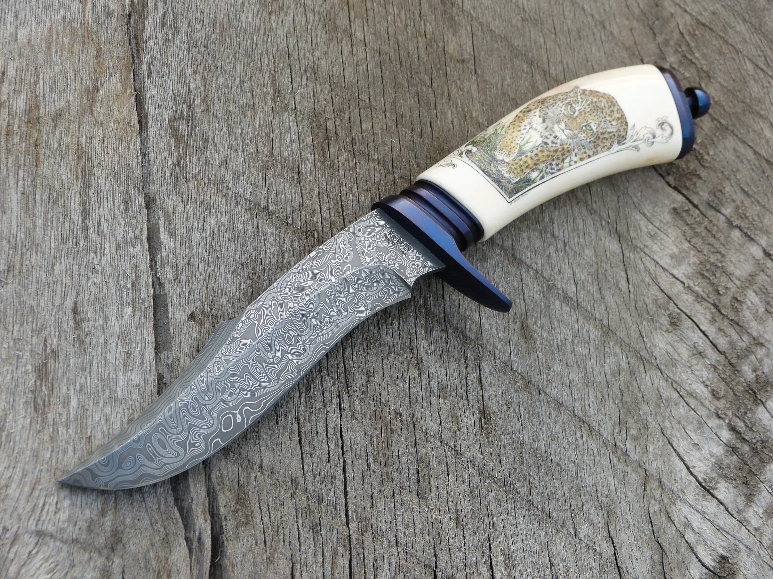 D.E. FRIEDLY "BUSINESS" DAMASCUS FIGHTER. LINDA KARST STONE SCRIMSHAW. SOLD
