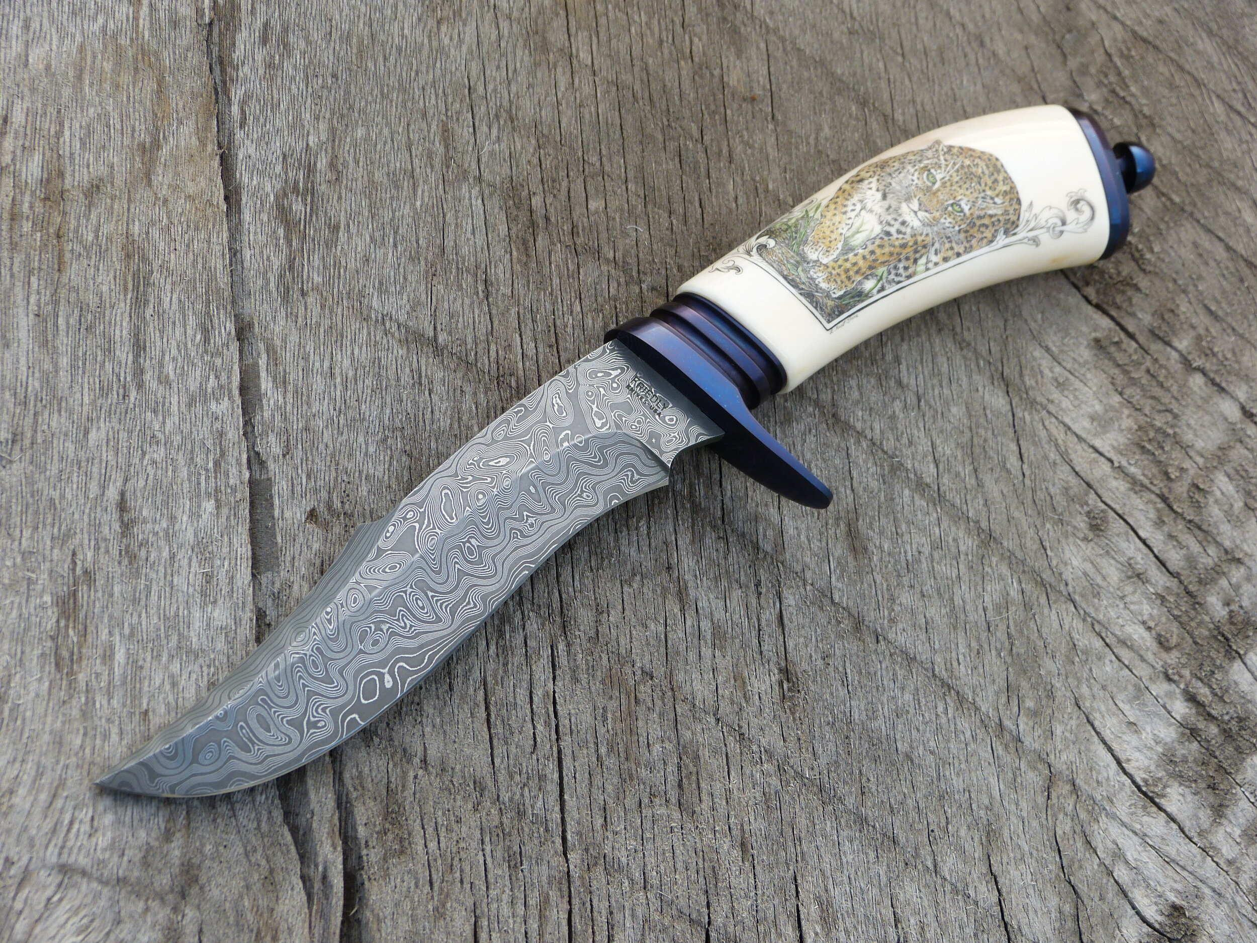 D.E. FRIEDLY "BUSINESS" DAMASCUS FIGHTER. LINDA KARST STONE SCRIMSHAW. SOLD