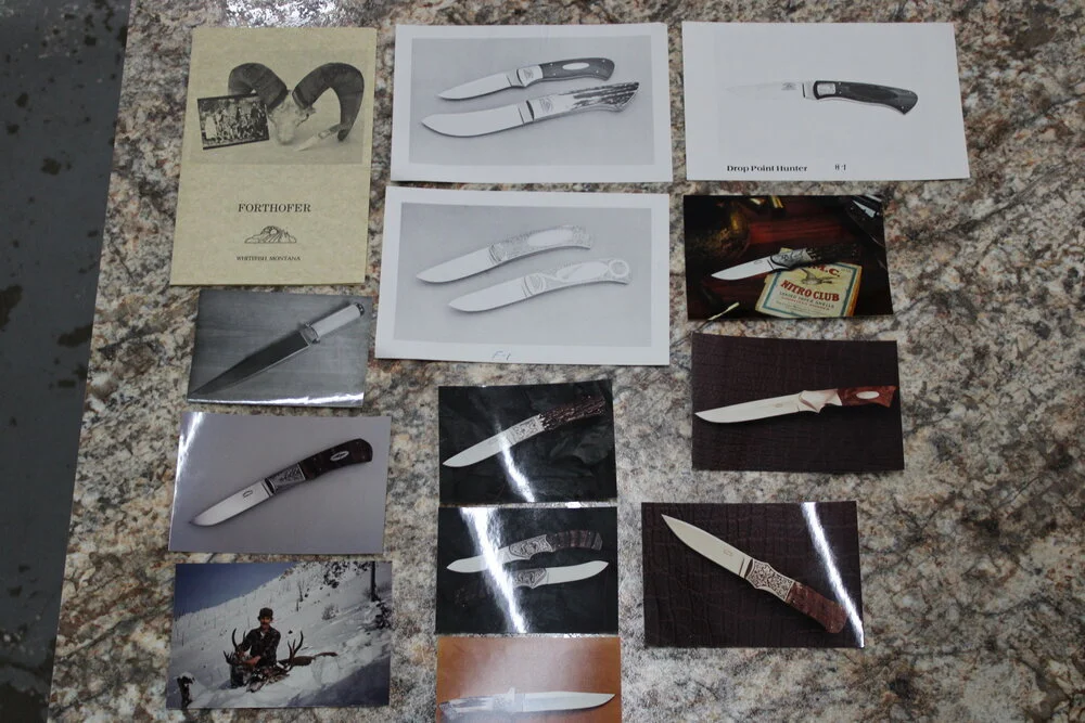 PETE FORTHOFER VINTAGE HANDMADE KNIFE BROCHURE, COLOR PHOTOS, DRAWING. SOLD