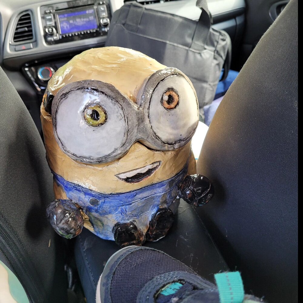 Finished my ceramic cookie jar of &quot;Bob&quot; from Minions just in time for the weekend. Avery was ecstatic to see him waiting in the car. 😂