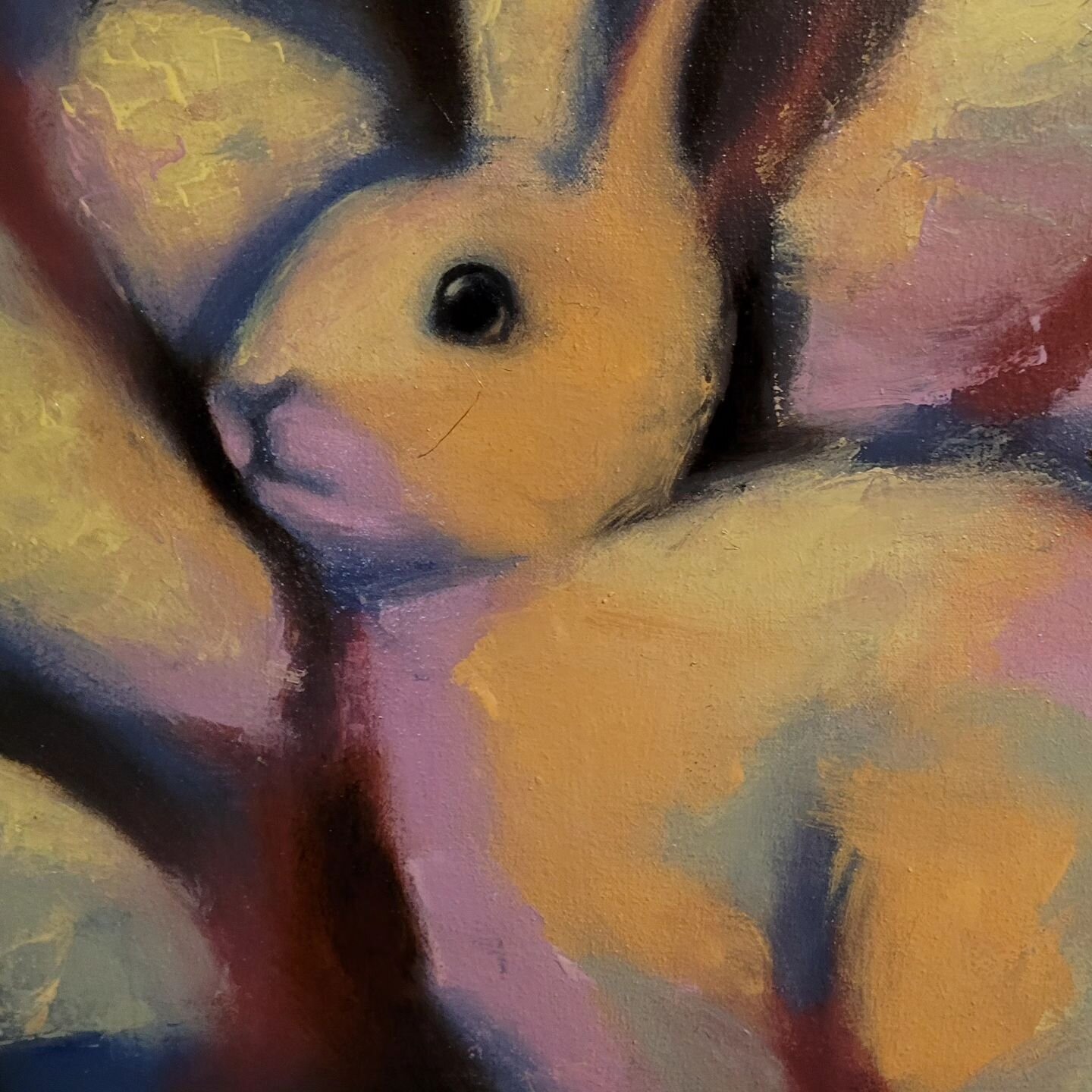 Today I oiled out my rabbit painting. Sometimes when an oil painting dries, it will look a little dull the dark areas. Oiling how is a process of literally brushing oil (I use walnut oil) over the entire painting. It's almost like you are feeding the