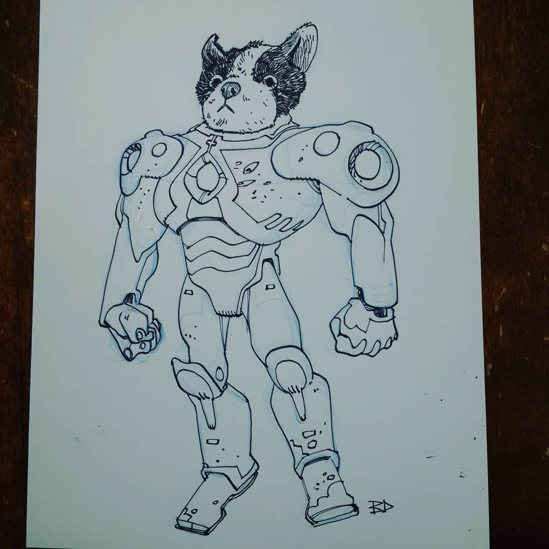 Part of our Easter gifts for the kids. Drawings by Dad of their subject of choice.  This is my son's stuffed animal &quot;Funny Dog&quot; as Iron Man.