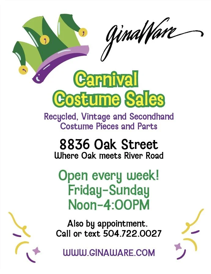 💜💚💛 We are in full Carnival Costume mode here at Ginaware! New stuff is coming out daily as Gina unpacks the past three years of goodies she's collected. 💜💚💛

8836 Oak Street at the River
Friday-Sunday every week!
Noon to 4pm
And by appointment