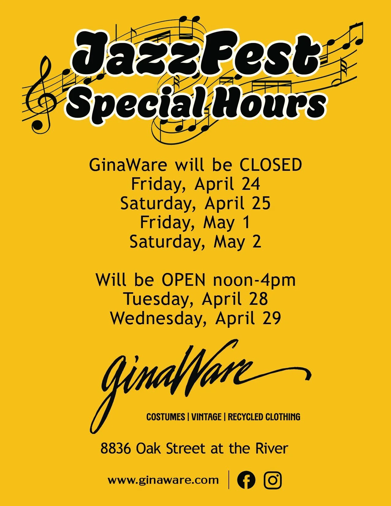 We'll be open this week our usual hours ~ Friday &amp; Saturday noon to 4pm ~ then closed:
Friday, April 24
Saturday, April 25
Friday, May 1
Saturday, May 2.

But will have special hours the days in between JazzFest weekends noon to 4pm Tuesday, Apri