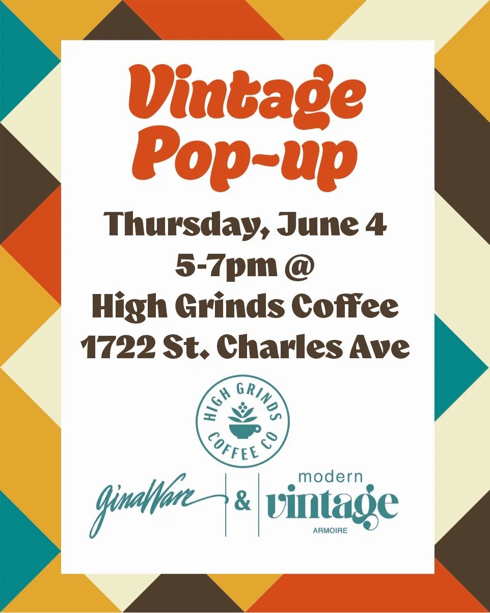 Join us at High Grinds Coffee for a special Vintage Pop Up featuring @ginawareclothing &amp; @modernvintagearmoire Come sip locally roasted coffee, shop curated vintage finds, and hang with us on the Avenue.

📍 High Grinds Coffee
1722 St. Charles Av
