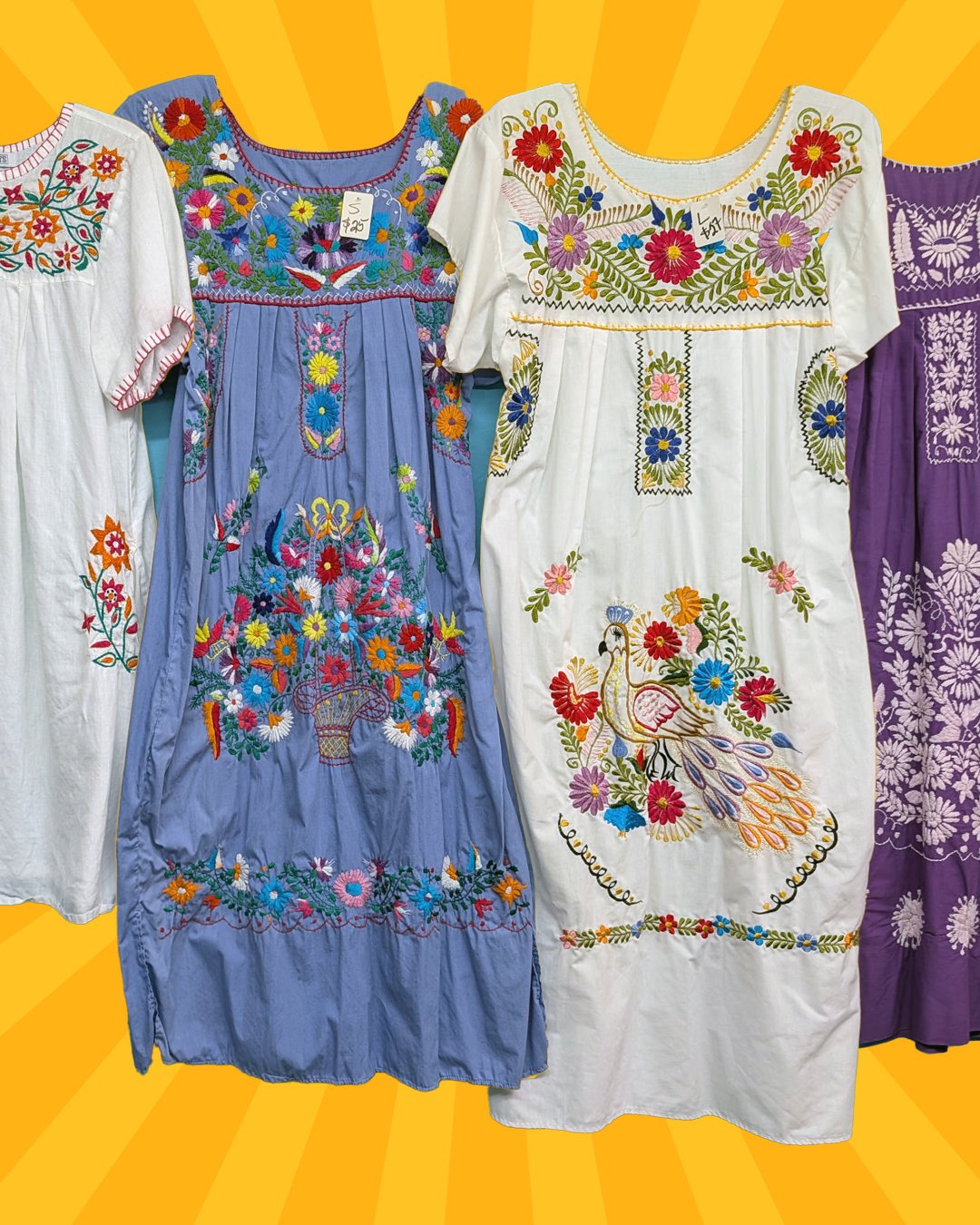 You can stay cool and comfortable while looking festive this summer wearing one of these embroidered Mexican-style dresses. Find them at our Second Saturday Sale tomorrow. Or stop by today! We are open both days noon to 4pm.